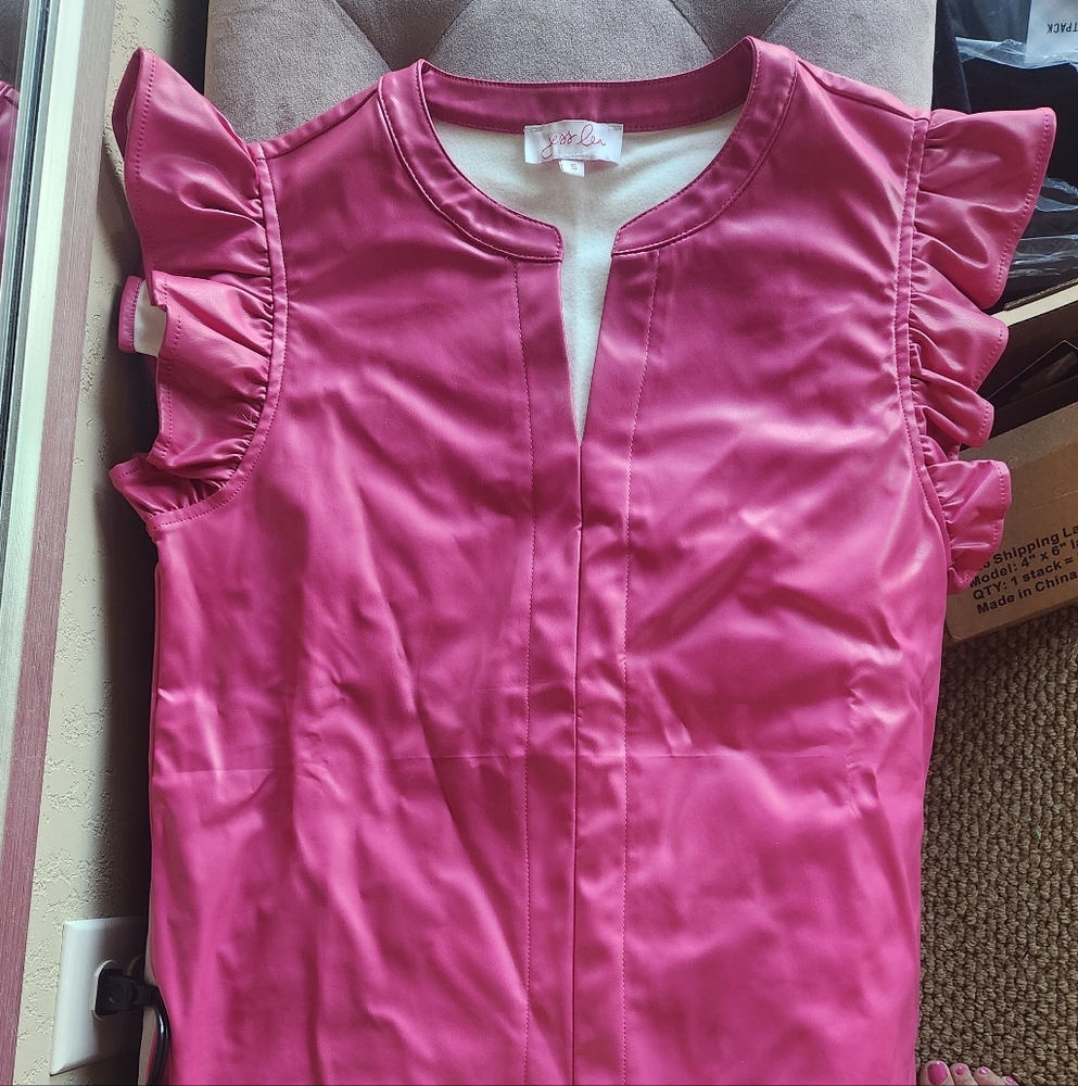 Jess Lea Pink Ruffled Sleeve Top, Faux Leather.